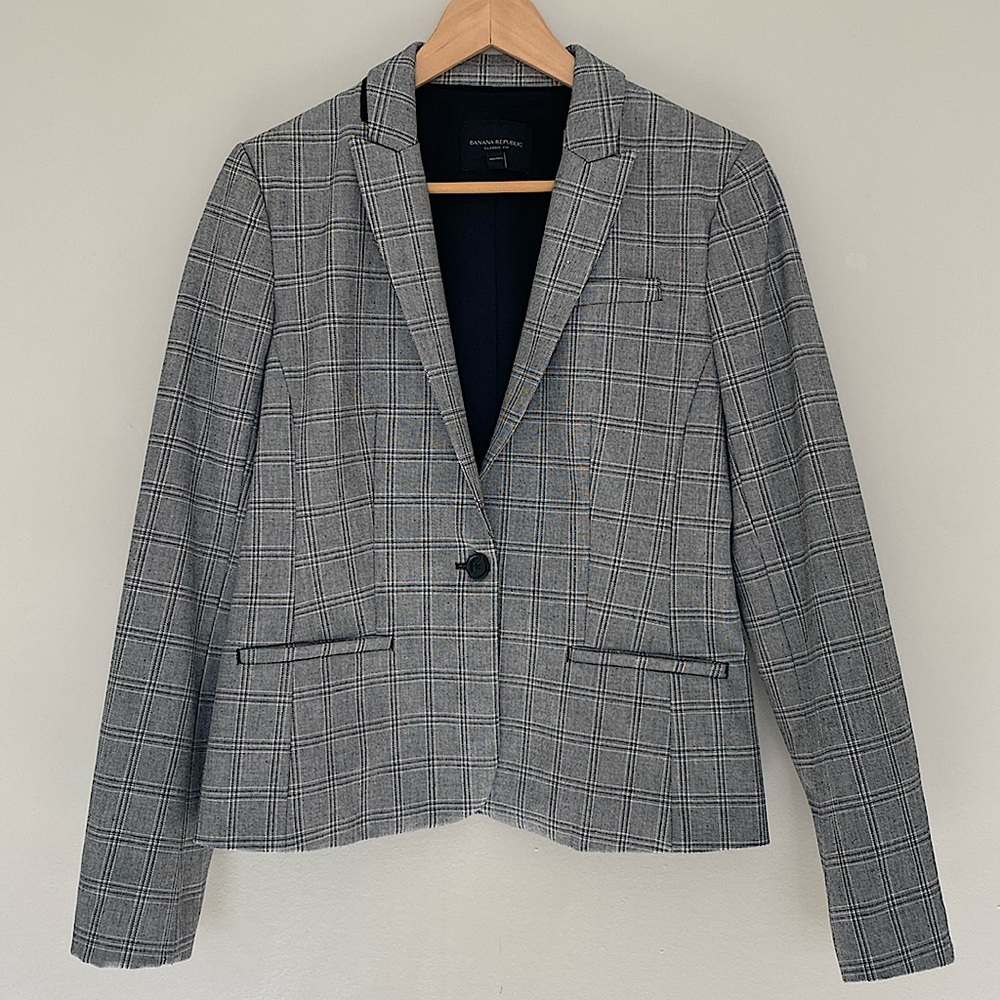 FINAL SALE!! Banana Republic Women Suit Jacket Gray Lean-fit Plaid Blazer Size 6